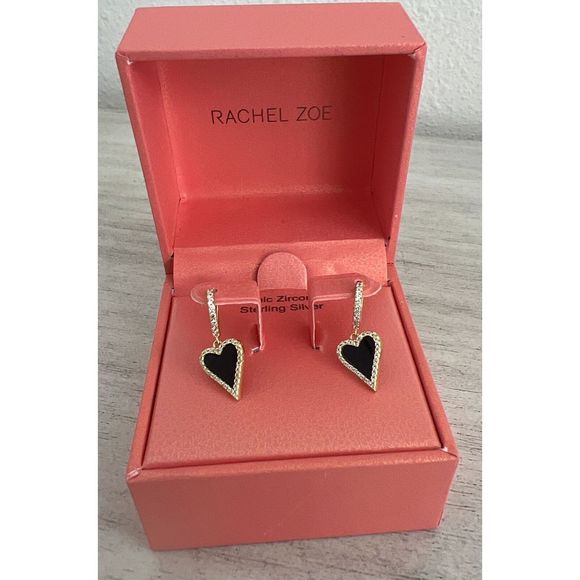 RACHEL ZOE STERLING SILVER GOLD TONE ONYX & CZ HEART HUGGIE EARRINGS~NIB! - Picture 1 of 11